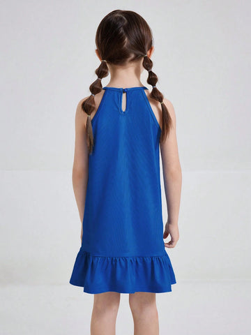 Young Girl Cartoon Bear Printed Halter Neck Dress With Ruffle Hem For Summer