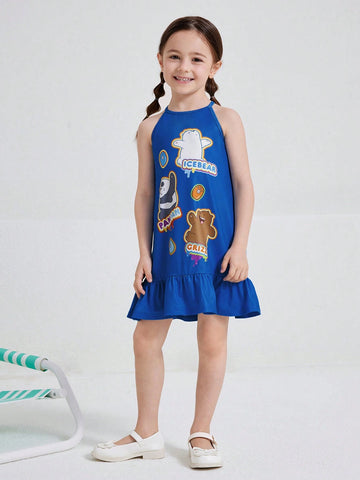 Young Girl Cartoon Bear Printed Halter Neck Dress With Ruffle Hem For Summer