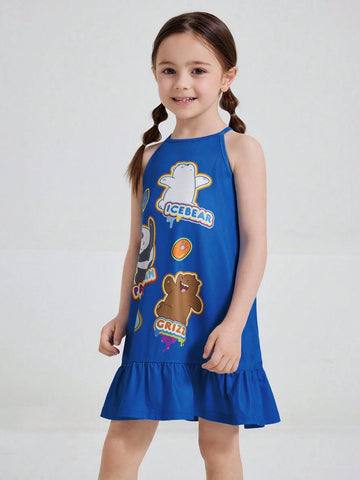 Young Girl Cartoon Bear Printed Halter Neck Dress With Ruffle Hem For Summer