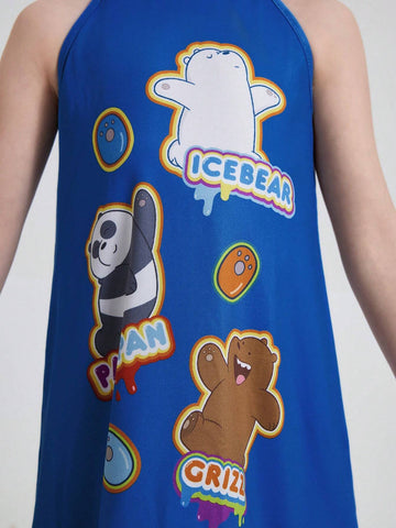 Young Girl Cartoon Bear Printed Halter Neck Dress With Ruffle Hem For Summer
