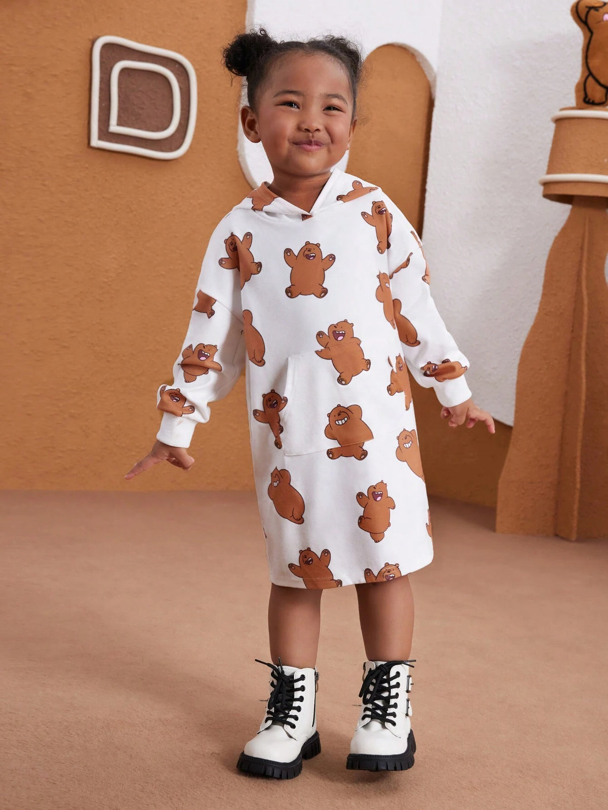 Young Girl Cartoon Graphic Cute Teddy Bear Full Print Hoodie Sweatshirt Dress, Casual