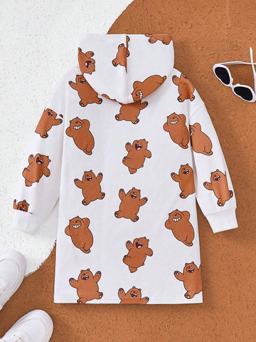 Young Girl Cartoon Graphic Cute Teddy Bear Full Print Hoodie Sweatshirt Dress, Casual
