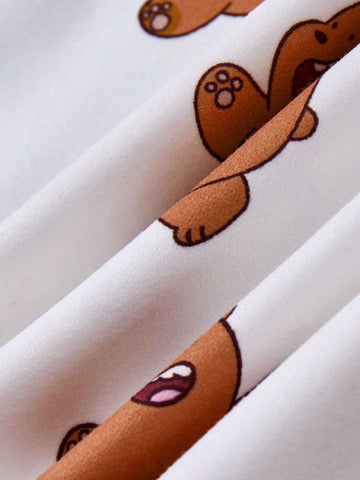 Young Girl Cartoon Graphic Cute Teddy Bear Full Print Hoodie Sweatshirt Dress, Casual