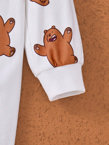 Young Girl Cartoon Graphic Cute Teddy Bear Full Print Hoodie Sweatshirt Dress, Casual