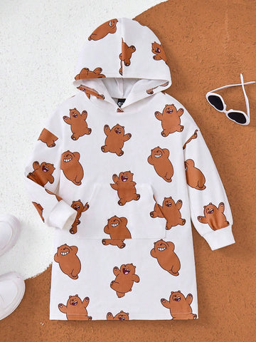 Young Girl Cartoon Graphic Cute Teddy Bear Full Print Hoodie Sweatshirt Dress, Casual