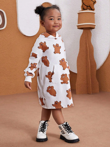 Young Girl Cartoon Graphic Cute Teddy Bear Full Print Hoodie Sweatshirt Dress, Casual