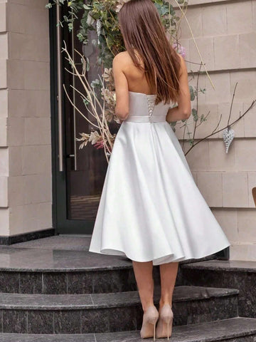 Wedding Dress For Women 2024 White Simple Short A-Line Strapless Satin Prom Gowns Backless Pleat Vestidos De Novia