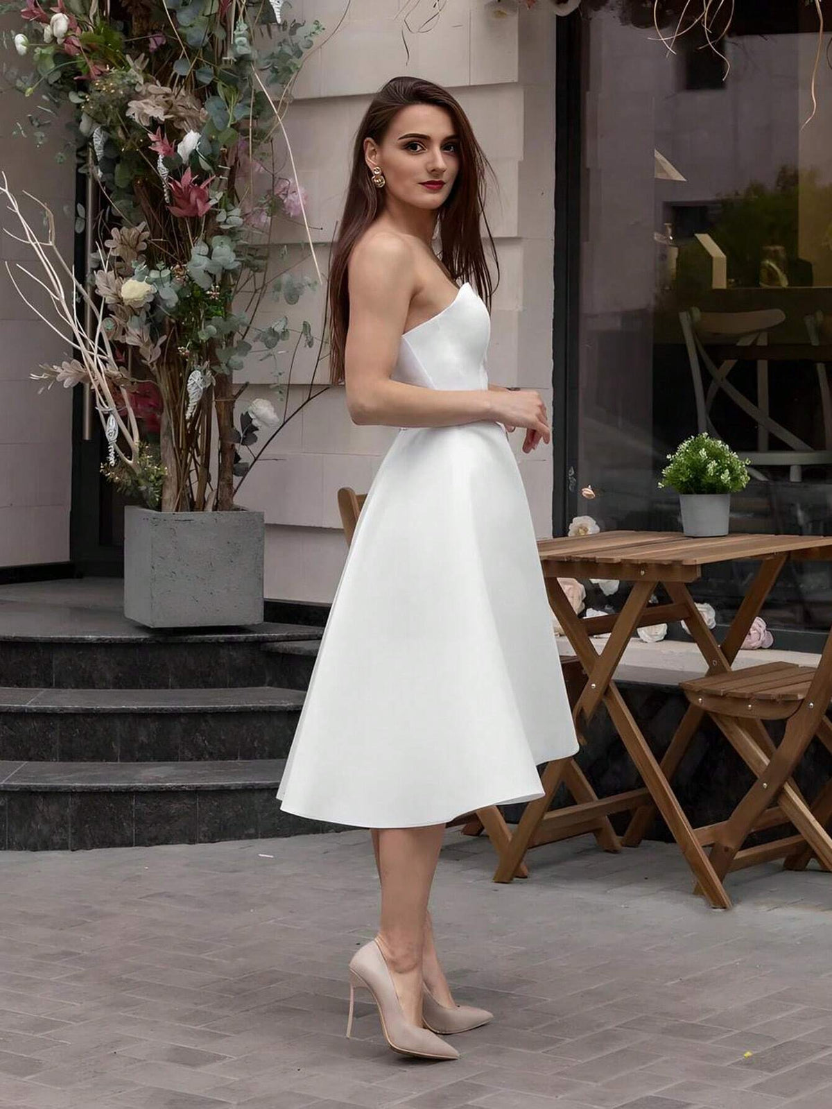 Wedding Dress For Women 2024 White Simple Short A-Line Strapless Satin Prom Gowns Backless Pleat Vestidos De Novia