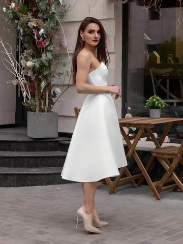Wedding Dress For Women 2024 White Simple Short A-Line Strapless Satin Prom Gowns Backless Pleat Vestidos De Novia