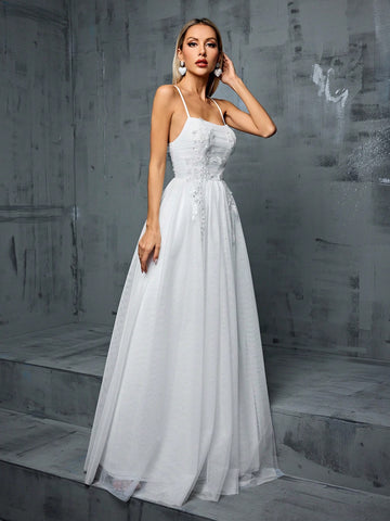 Wedding Dress With Embroidered Flower Details, Pleated Bust, Mesh Veil And A-Line Dress, Spaghetti Straps