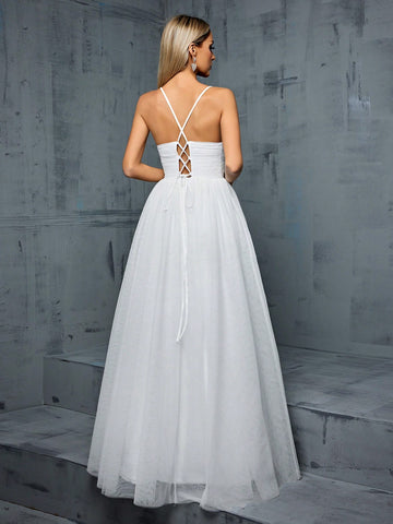 Wedding Dress With Embroidered Flower Details, Pleated Bust, Mesh Veil And A-Line Dress, Spaghetti Straps