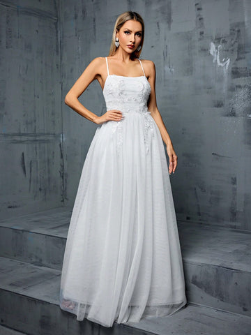 Wedding Dress With Embroidered Flower Details, Pleated Bust, Mesh Veil And A-Line Dress, Spaghetti Straps