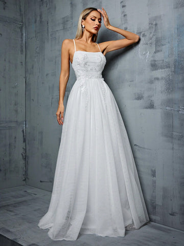 Wedding Dress With Embroidered Flower Details, Pleated Bust, Mesh Veil And A-Line Dress, Spaghetti Straps