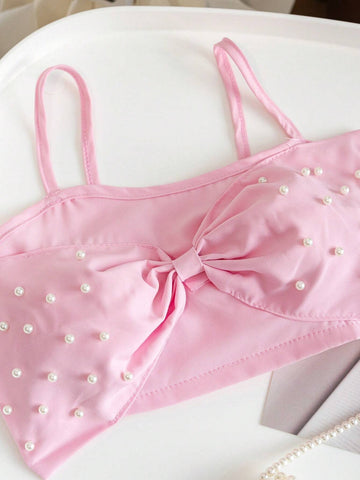 Wedding Flower Girl Dress Short Sleeve Shirt With Sweet And Elegant 3D Pearl Bow Detail Knot For Summer