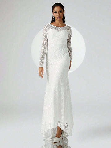 Wedding Long Train Lace Overlay Mermaid Hem Formal Dress