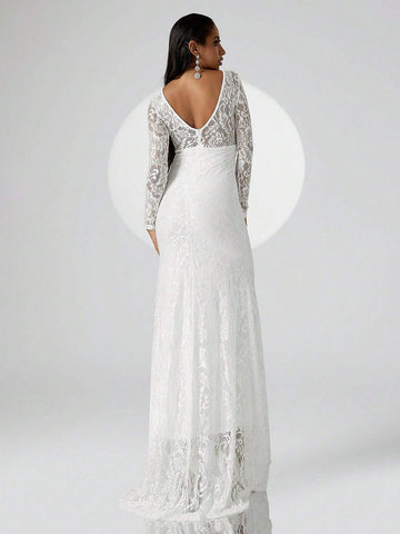Wedding Long Train Lace Overlay Mermaid Hem Formal Dress