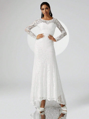 Wedding Long Train Lace Overlay Mermaid Hem Formal Dress