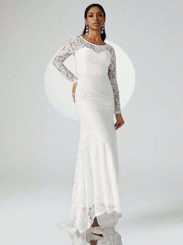 Wedding Long Train Lace Overlay Mermaid Hem Formal Dress
