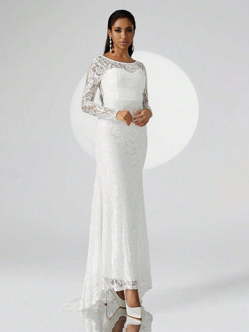 Wedding Long Train Lace Overlay Mermaid Hem Formal Dress