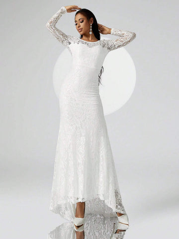 Wedding Long Train Lace Overlay Mermaid Hem Formal Dress