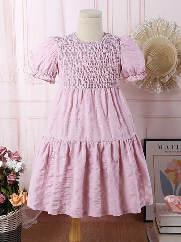 Wedding Memo Young Girl Round Neck Short Puff Sleeve Solid Color Dress