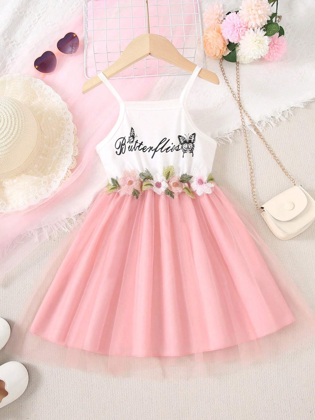 Wedding Memories Summer Flower Girl Dress For Girls, Butterfly Hot Stamping Detail Spaghetti Strap Dress With Flower Applique &Mesh Tulle Skirt