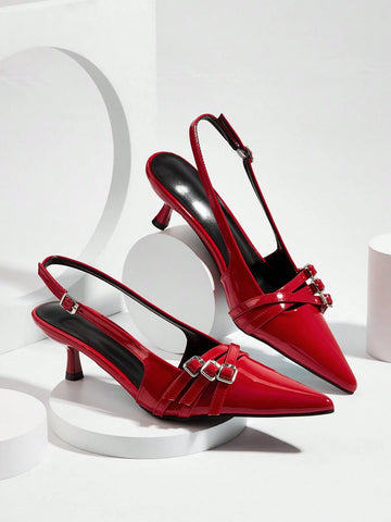 Wedding Party Elegant & Sexy Red Patent Leather Pointed Toe Stiletto Heels With Metal Buckle Strap