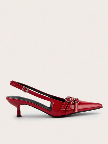 Wedding Party Elegant & Sexy Red Patent Leather Pointed Toe Stiletto Heels With Metal Buckle Strap