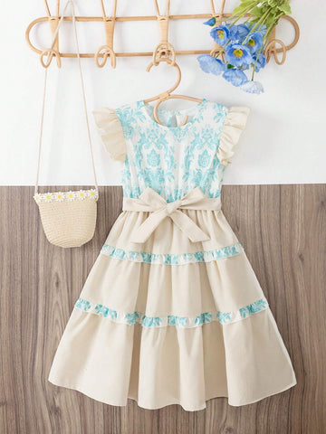 Wedding Party Floral Princess Dress With Flounce Sleeves, Color Block Design, Countryside Flower Print, Bow Tie For Girls In Summer