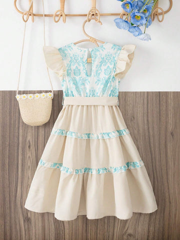 Wedding Party Floral Princess Dress With Flounce Sleeves, Color Block Design, Countryside Flower Print, Bow Tie For Girls In Summer