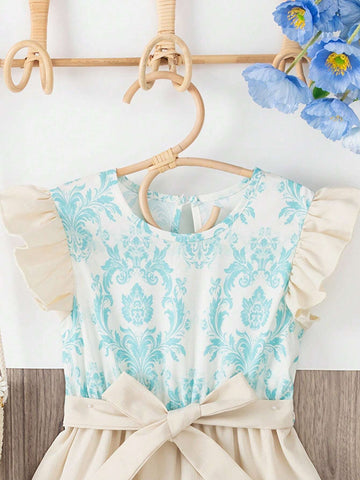 Wedding Party Floral Princess Dress With Flounce Sleeves, Color Block Design, Countryside Flower Print, Bow Tie For Girls In Summer