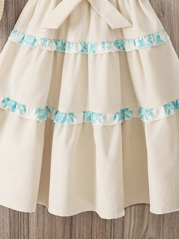 Wedding Party Floral Princess Dress With Flounce Sleeves, Color Block Design, Countryside Flower Print, Bow Tie For Girls In Summer