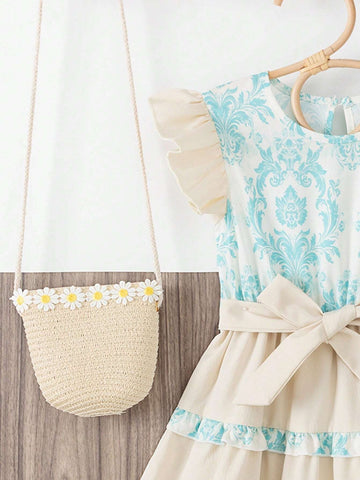 Wedding Party Floral Princess Dress With Flounce Sleeves, Color Block Design, Countryside Flower Print, Bow Tie For Girls In Summer