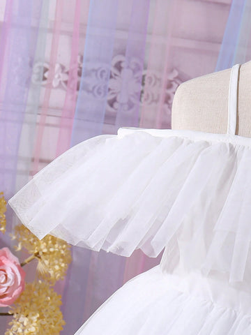Wedding Season Girls' White Party Dress, Tulle Princess Dress, Elegant Holiday Dress