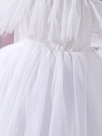 Wedding Season Girls' White Party Dress, Tulle Princess Dress, Elegant Holiday Dress