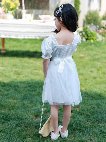 Wedding Season Girls White Princess Dress With Waistband, Short Sleeve Ball Gown, A-Line Holiday Dress For Formal Occasions