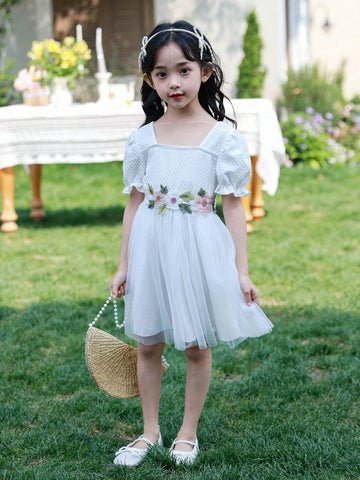 Wedding Season Girls White Princess Dress With Waistband, Short Sleeve Ball Gown, A-Line Holiday Dress For Formal Occasions