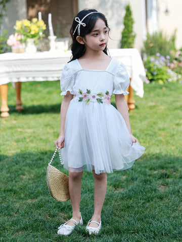 Wedding Season Girls White Princess Dress With Waistband, Short Sleeve Ball Gown, A-Line Holiday Dress For Formal Occasions