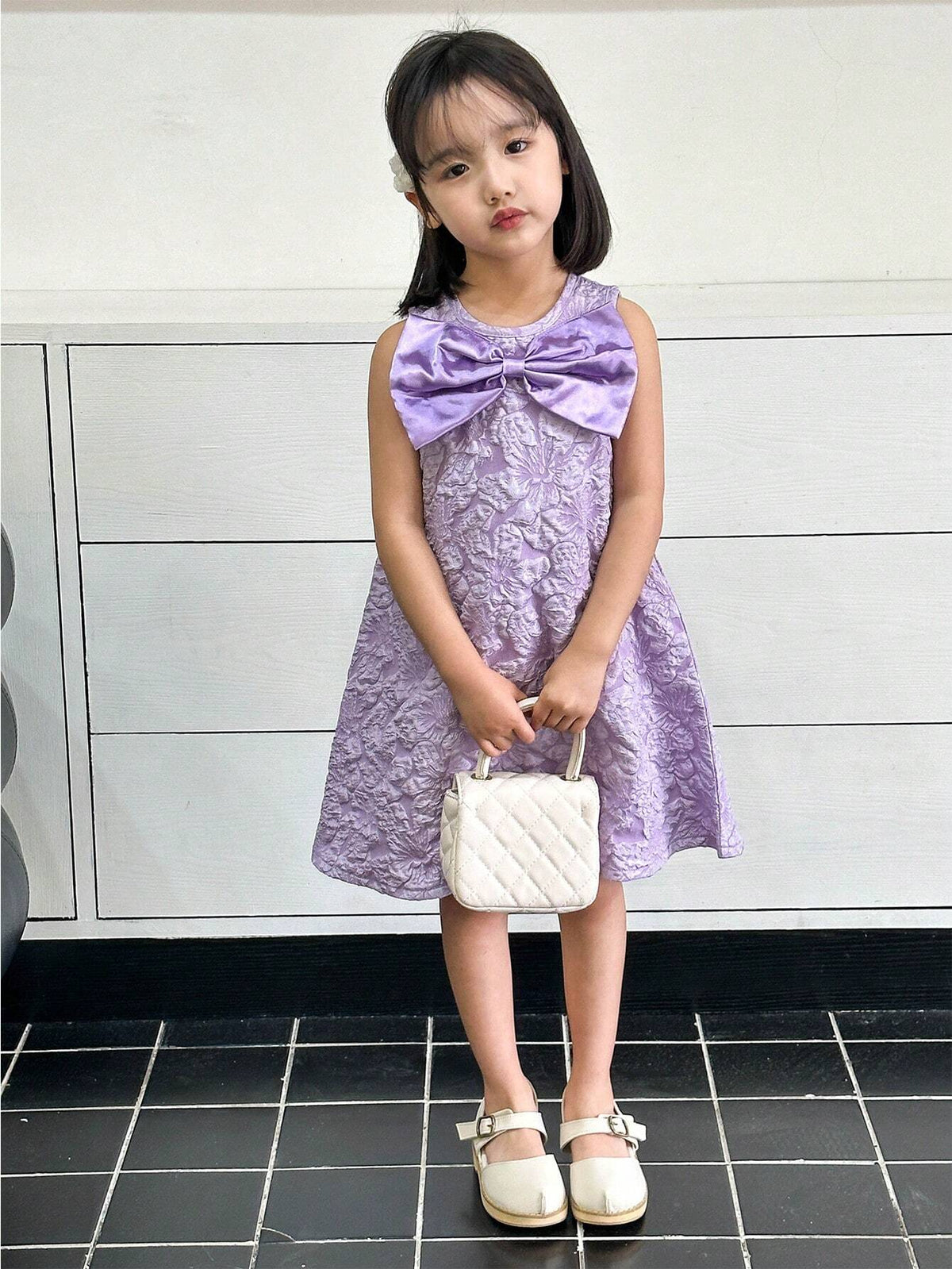 Weddingstar For Girls' Princess Style Sleeveless Round Neck Dress With 3D Bowknot & Floral Jacquard Fabric For Summer