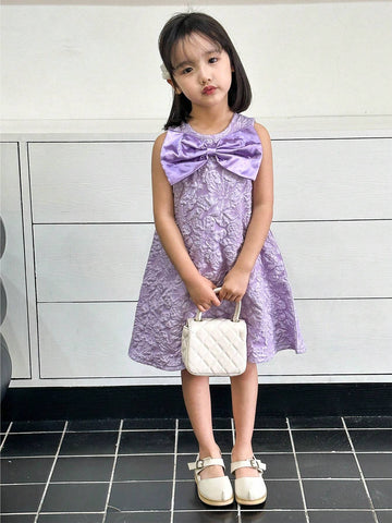 Weddingstar For Girls' Princess Style Sleeveless Round Neck Dress With 3D Bowknot & Floral Jacquard Fabric For Summer
