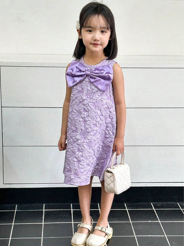 Weddingstar For Girls' Princess Style Sleeveless Round Neck Dress With 3D Bowknot & Floral Jacquard Fabric For Summer