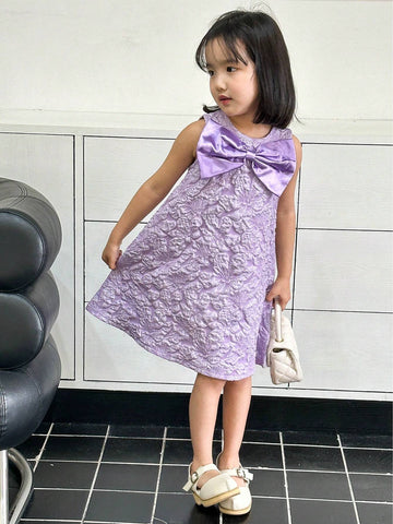 Weddingstar For Girls' Princess Style Sleeveless Round Neck Dress With 3D Bowknot & Floral Jacquard Fabric For Summer