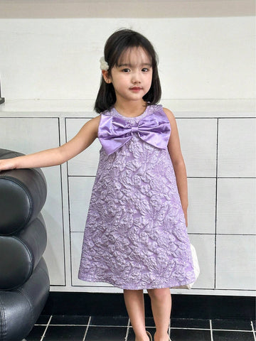 Weddingstar For Girls' Princess Style Sleeveless Round Neck Dress With 3D Bowknot & Floral Jacquard Fabric For Summer