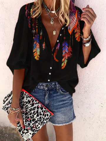 Western National Style Geometric Printed 3/4 Sleeve Women Shirt