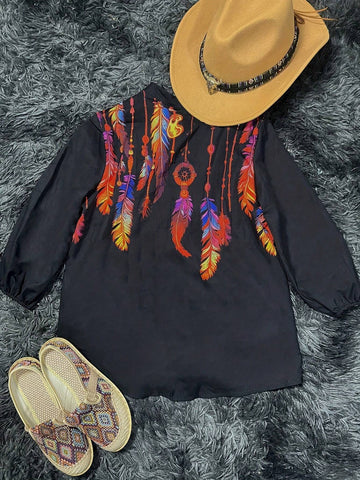 Western National Style Geometric Printed 3/4 Sleeve Women Shirt