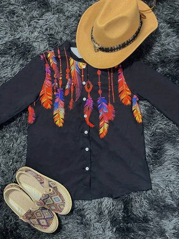 Western National Style Geometric Printed 3/4 Sleeve Women Shirt