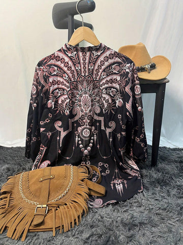 Western Retro Geometric Print 3/4 Sleeve Women's Shirt