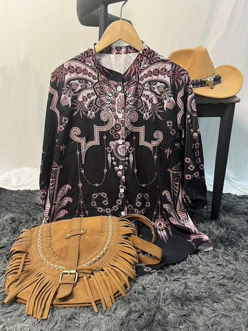 Western Retro Geometric Print 3/4 Sleeve Women's Shirt