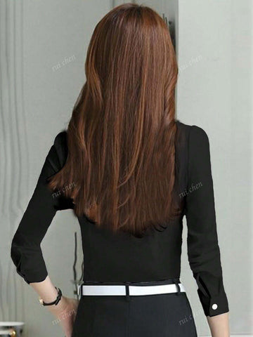 White Bow Tie Blouse Shirt, Long Sleeve Undershirt For Women, Spring Autumn Work Wear