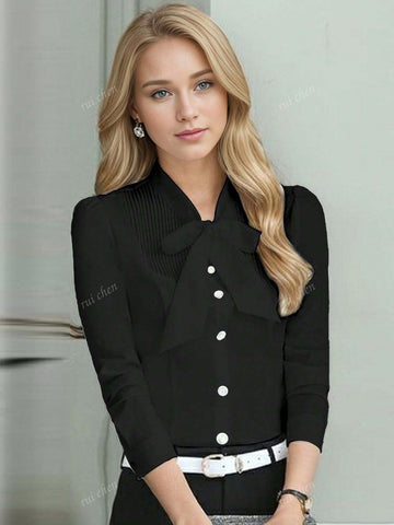 White Bow Tie Blouse Shirt, Long Sleeve Undershirt For Women, Spring Autumn Work Wear